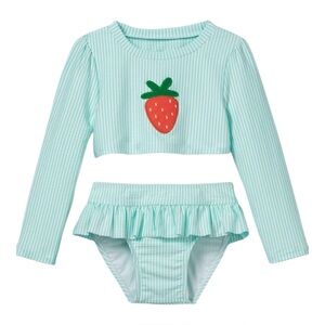 Cat & Jack Girls Long Sleeve Striped Strawberry Two Piece‎ Swimsuit Blue Size 3T